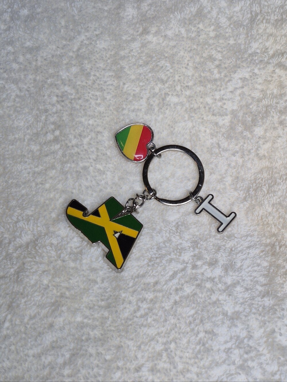 Jamaica Flag Keychain with Heart and 'I' Charm